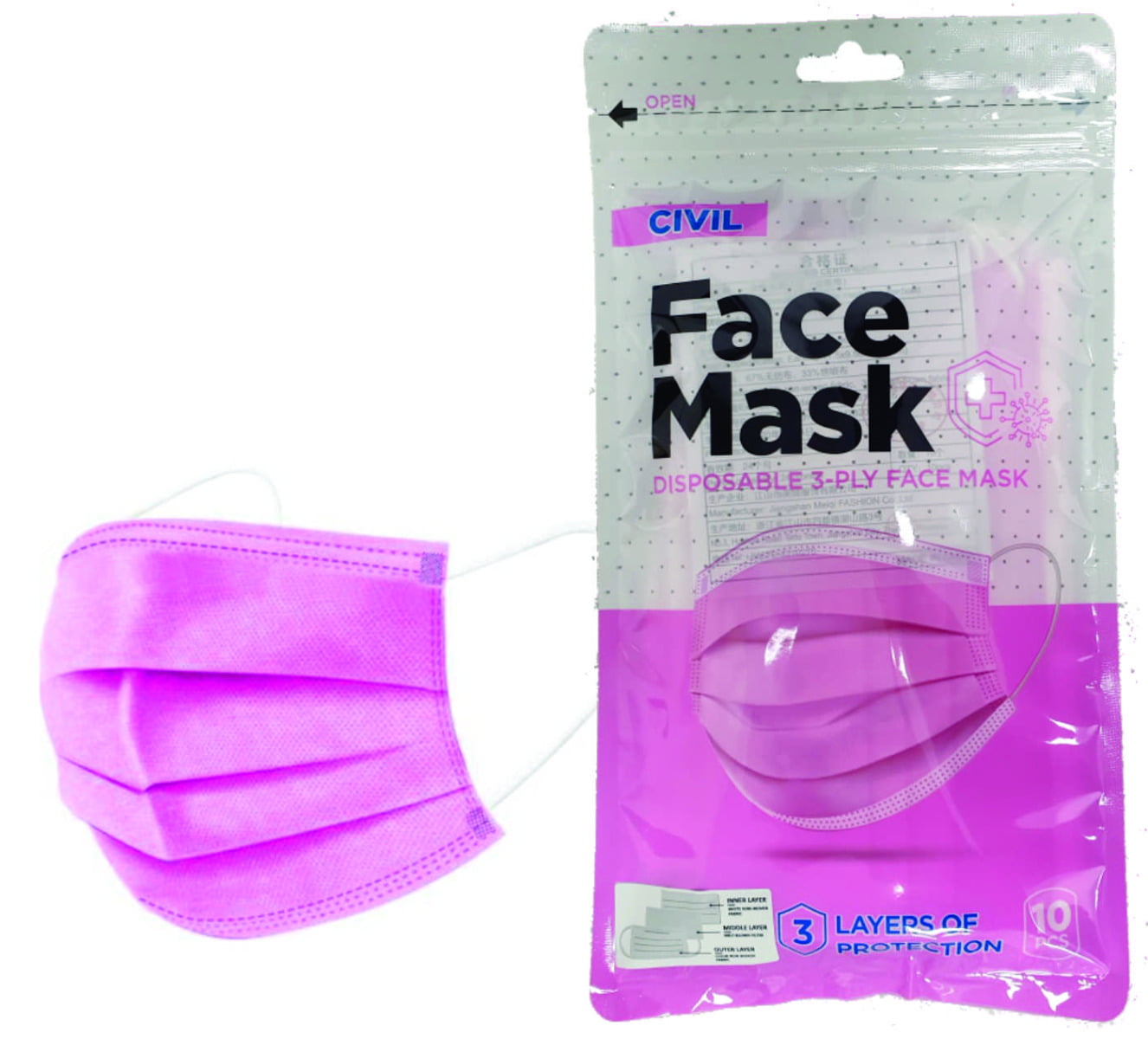 Set of 10 pcs of PINK 3-layer disposable protective face mask3